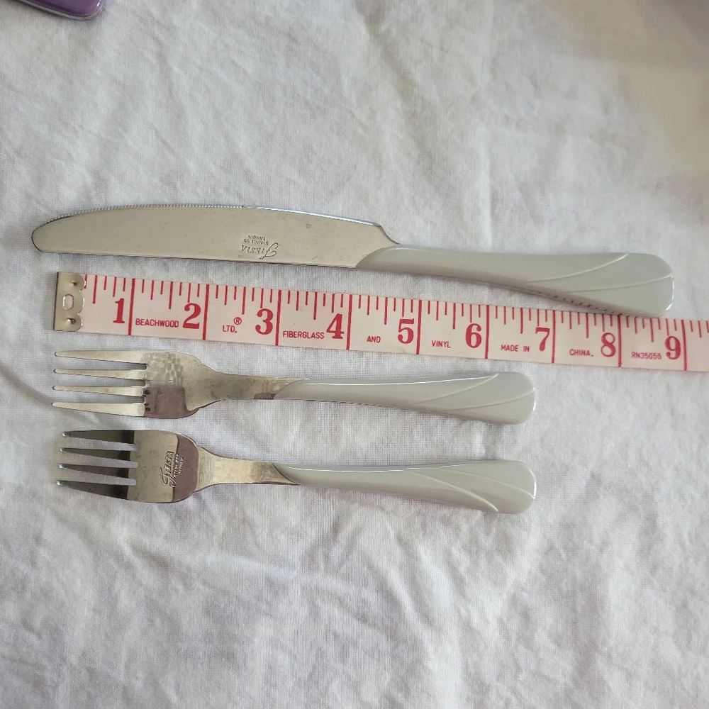 Fiesta Pearl Gray Flatware ~ Knife & 2 Small Forks ~ Retired Swirl ~ Post 86